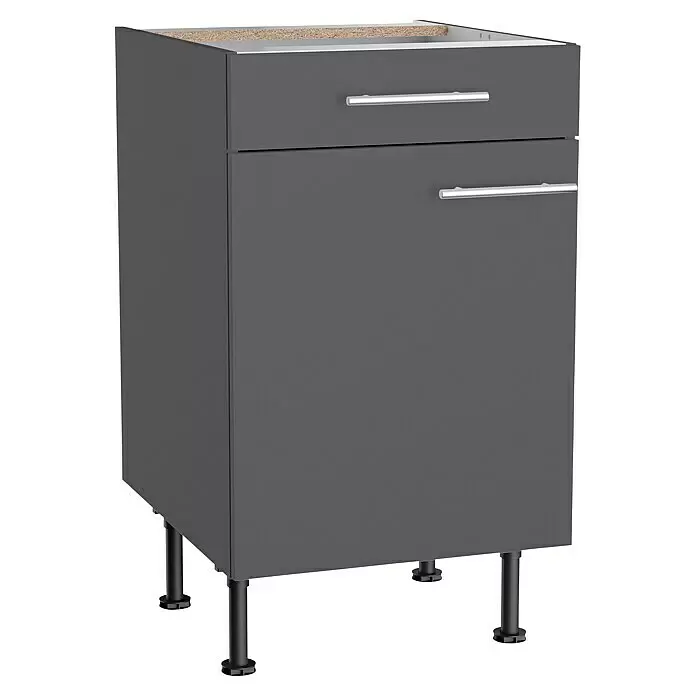 Optifit Küchen-Unterschrank Ingvar420 - L x B x H: 58,1 x 50 x 87 cm, Anthrazit matt - Dunkelgrauer Küchenunterschrank mit zwei silbernen Griffen und schwarzen verstellbaren Füßen. Die sichtbare Spanplatte oben ist für eine Arbeitsplatte bereit.