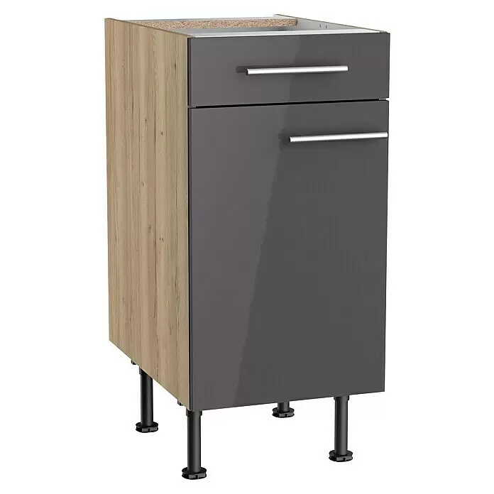 Optifit Unterschrank Jonte984 - L x B x H: 58,1 x 40 x 87 cm, Glanz Lack Anthrazit - Küchenunterschrank mit heller Holzoptik-Seitenwand, dunkelgrauen Hochglanz-Schubladen- und Türfronten, silbernen Griffen und schwarzen Füßen.