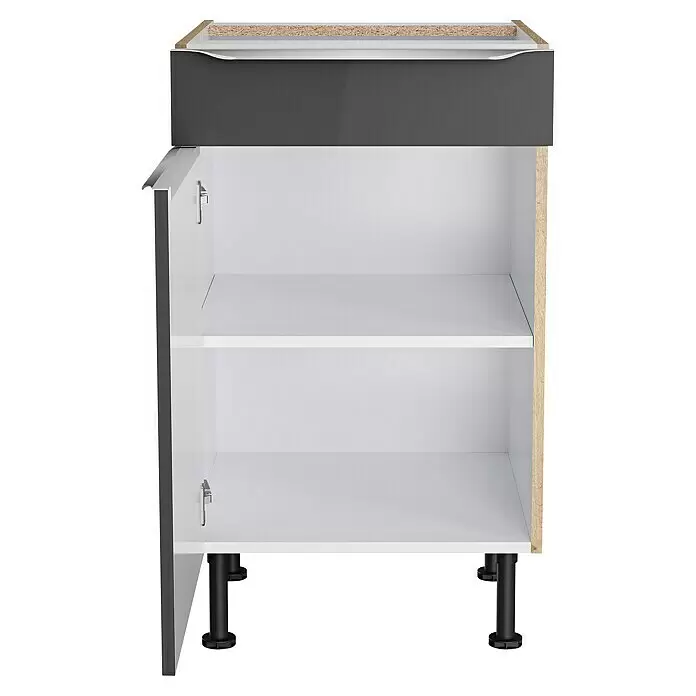 Optifit Unterschrank Optikomfort Linus984 - L x B x H: 58,1 x 50 x 87 cm, Glanz Lack Anthrazit - Unterschrank mit grauer Schubladenfront, offener weißer Tür, zwei Regalböden, Holzkante oben und schwarzen verstellbaren Füßen.