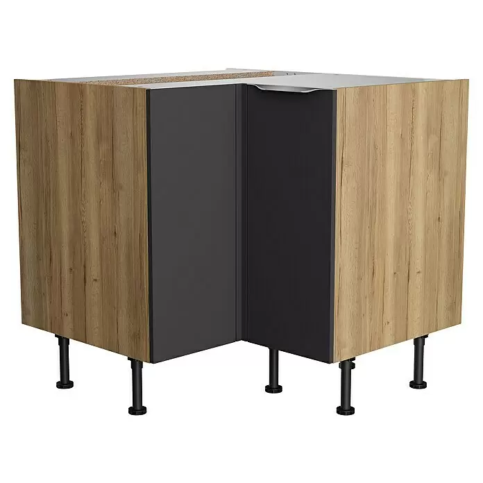 Optifit Eck-Unterschrank Optikomfort Linus984 - L x B x H: 58,1 x 90 x 87 cm, Glanz Lack Anthrazit - Zweifarbiger Küchenunterschrank für die Ecke mit Holzmaserungsseiten und dunkelgrauen Fronten, schwarzen Stellfüßen und oberer Kante für die Arbeitsplattenmontage.