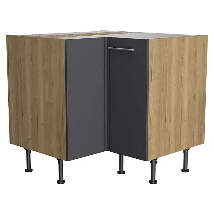 Optifit Eck-Unterschrank Jonte984 - L x B x H: 58,1 x 90 x 87 cm, Glanz Lack Anthrazit - Eckunterschrank mit hellen Holzmaserung- und dunkelgrauen Türen, inklusive grauem Griff und schwarzen verstellbaren Beinen.