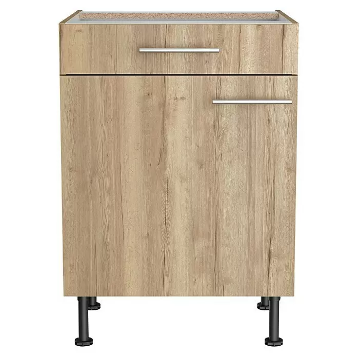 Optifit Unterschrank Erik290 - L x B x H: 58,1 x 60 x 87 cm, Nachbildung Wildeiche - Unterschrank in heller Holzoptik mit einer Schublade, einer Tür, silbernen Griffen und schwarzen Füßen.
