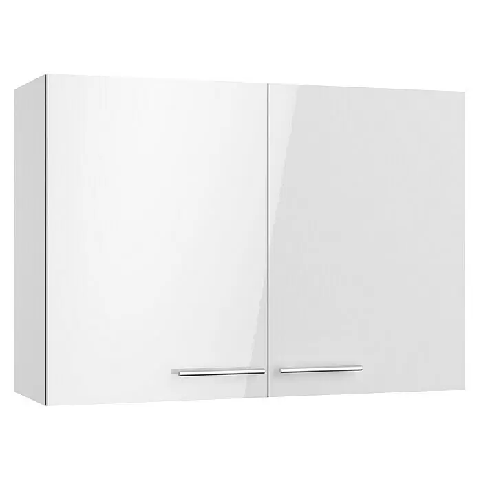 Optifit Hängeschrank Optikomfort Rurik986 - L x B x H: 34,6 x 100 x 70,4 cm, Glanz Lack Weiß - Weißer Wandschrank mit zwei hochglänzenden Türen und silbernen Stangengriffen.