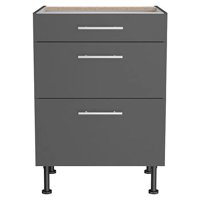 Optifit Küchen-Unterschrank Ingvar420 - L x B x H: 58,1 x 60 x 87 cm, Anthrazit matt, Mit Schubkästen - Dunkelgrauer Schubladenschrank mit drei silbernen Schubladen, Spanplattenoberfläche und schwarzen verstellbaren Füßen.