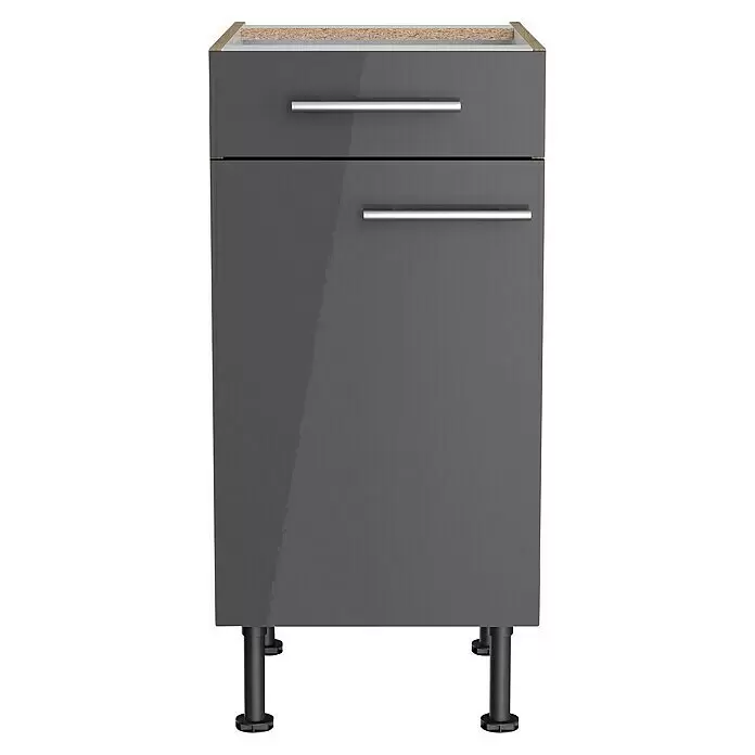 Optifit Unterschrank Jonte984 - L x B x H: 58,1 x 40 x 87 cm, Glanz Lack Anthrazit - Dunkelgrauer Küchenunterschrank mit zwei silbernen Griffen und schwarzen verstellbaren Füßen.