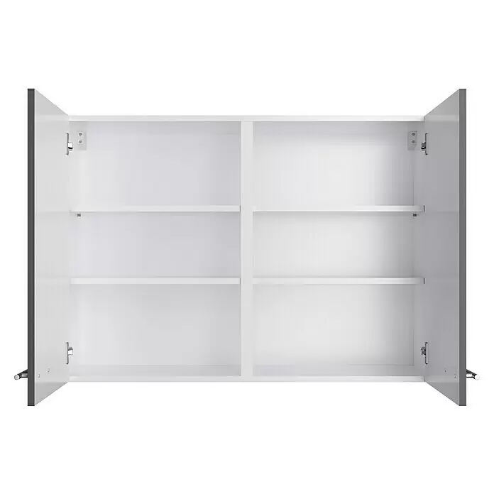 Optifit Hängeschrank Jonte984 - L x B x H: 34,6 x 100 x 70,4 cm, Glanz Lack Anthrazit - Offener weißer Schrank mit zwei Türen und vier Innenregalen.