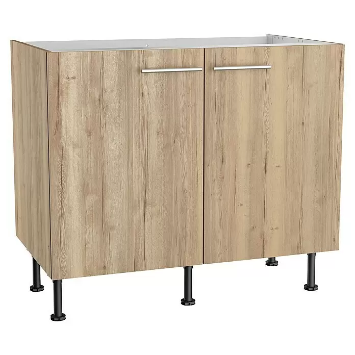 Optifit Spülenunterschrank Erik290 - L x B x H: 58,1 x 100 x 87 cm, Nachbildung Wildeiche - Zweitüriger Unterschrank in heller Holzoptik mit silbernen Griffen und schwarzen Beinen.