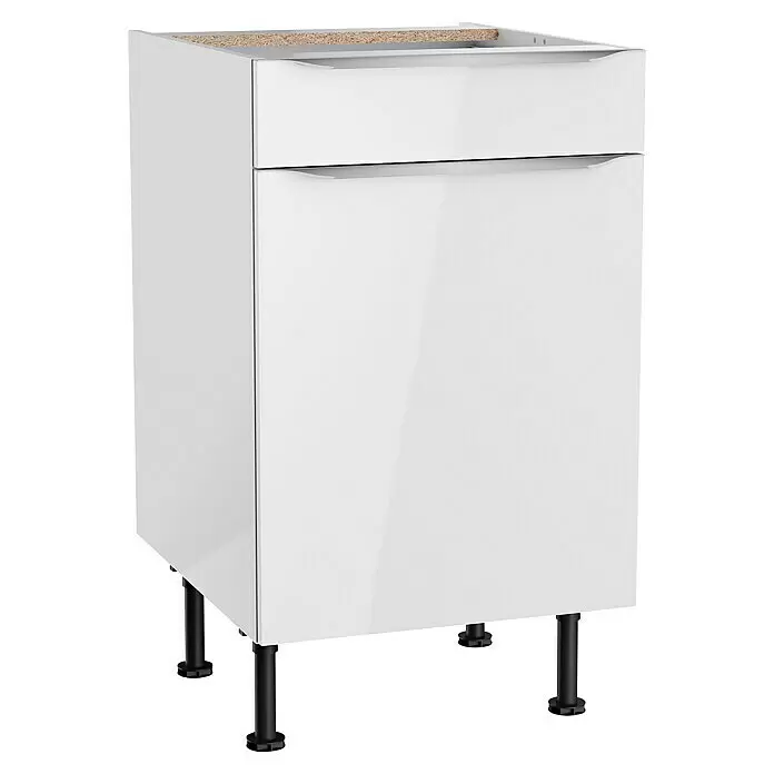 Optifit Unterschrank Optikomfort Arvid 986 - 58,1 x 50 x 87 cm, Glanz Lack Weiß, Mit Schubkasten - Weißer Hochglanz-Küchenunterschrank mit einer Schublade und einer Tür, auf schwarzen verstellbaren Füßen.