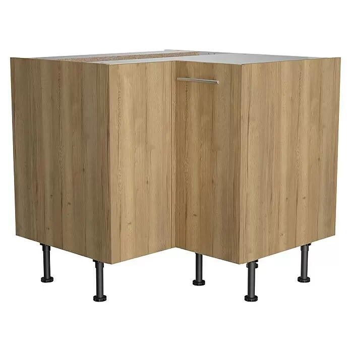 Optifit Küchen-Eck-Unterschrank Erik290 - L x B x H: 58,1 x 90 x 87 cm - Eckunterschrank in heller Holzoptik mit silbernem Griff und dunkelgrauen Stellfüßen.