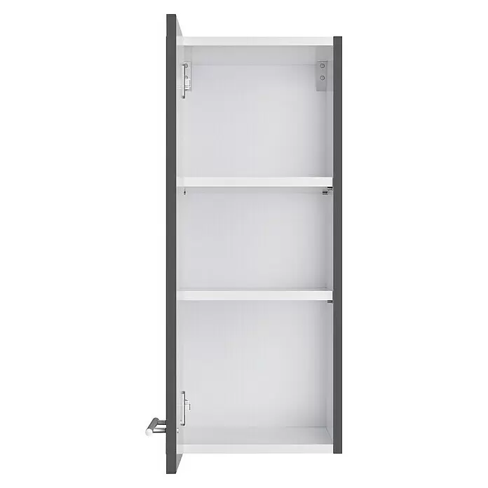 Optifit Hängeschrank Ingvar420 - L x B x H: 34,6 x 30 x 70,4 cm, Anthrazit matt - Offener weißer Wandschrank mit drei Einlegeböden und dunkelgrauen Seitenwänden.