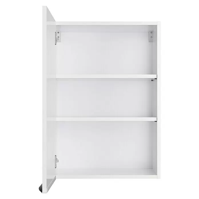 Optifit Hängeschrank Optikomfort Arvid 986 - L x B x H: 34,6 x 50 x 70,4 cm, Glanz Lack Weiß - Weißer offener Schrank mit drei verstellbaren Regalböden und sichtbaren Türscharnieren.