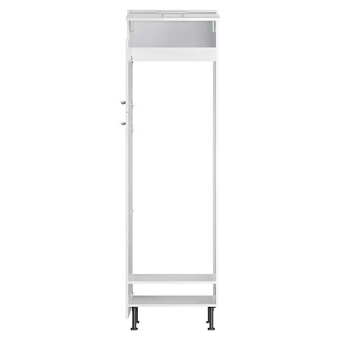 Optifit Geräteumbauschrank Optikomfort Rurik986 - L x B x H: 58,1 x 60 x 211,8 cm, Glanz Lack Weiß, Für integrierbare Kühl-Gefrierkombination - Weißer offener Küchenschrankkorpus mit silbernen Metallschienen und verstellbaren Füßen.