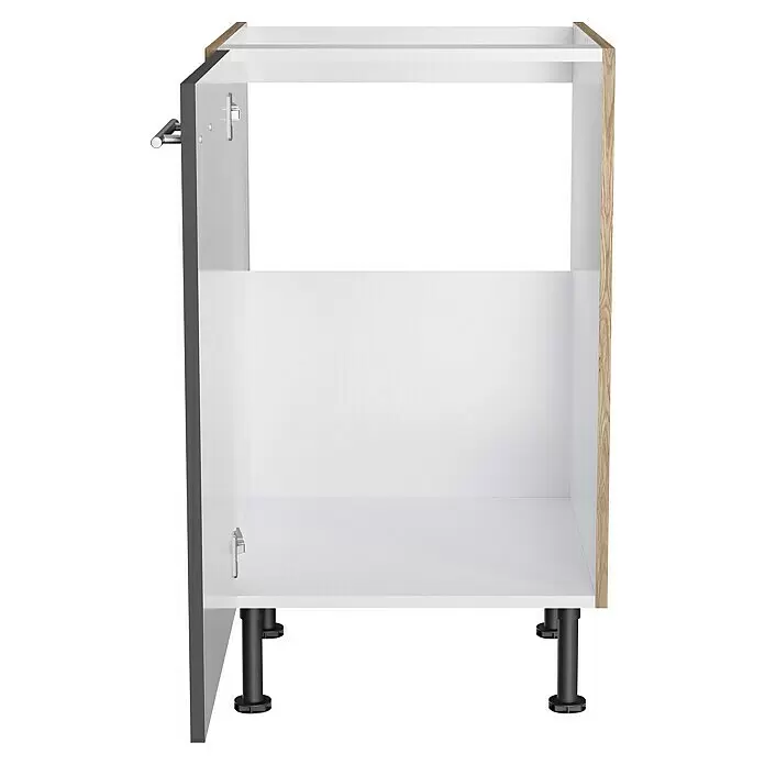 Optifit Spülenunterschrank Jonte984 - L x B x H: 58,1 x 50 x 87 cm, Glanz Lack Anthrazit - Offener weißer Küchenunterschrank mit dunkelgrauen und Holzdekor-Seitenpaneelen und schwarzen verstellbaren Beinen.