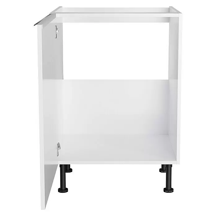 Optifit Spülenunterschrank Optikomfort Arvid 986 - 58,1 x 60 x 87 cm, Glanz Lack Weiß - Weißer Küchenunterschrankrahmen mit schwarzen verstellbaren Füßen, offen, zur Montage bereit.