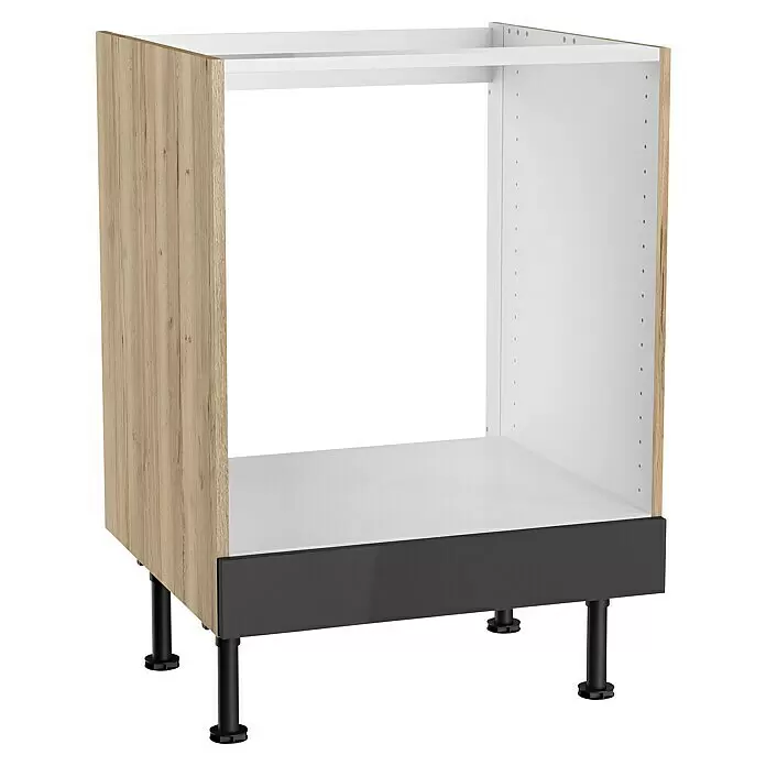 Optifit Herd-Umbauschrank Optikomfort Linus984 - L x B x H: 58,1 x 60 x 87 cm, Glanz Lack Anthrazit - Küchenunterschrank-Korpus mit hellen Holzseiten, weißem Innenraum, dunkelgrauem Sockel und verstellbaren schwarzen Beinen.