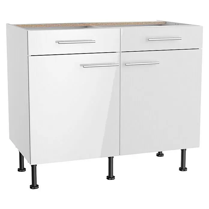 Optifit Küchen-Unterschrank Optikomfort Rurik986 - L x B x H: 58,1 x 100 x 87 cm, Glanz Lack Weiß - Weißer Küchenunterschrank mit zwei Schubladen und zwei Türen, silbernen Griffen und schwarzen verstellbaren Beinen, bereit für eine Arbeitsplatte.