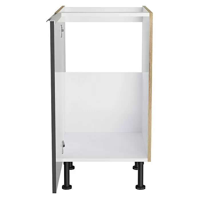 Optifit Spülenunterschrank Optikomfort Linus984 - B x T x H: 45 x 58,1 x 87 cm, Glanz Lack Anthrazit - Offener weißer Küchenunterschrank mit dunkelgrauer Seitenwand, heller Holzleiste und verstellbaren schwarzen Füßen.