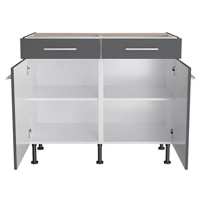 Optifit Küchen-Unterschrank Ingvar420 - L x B x H: 58,1 x 100 x 87 cm, Anthrazit matt - Offener Küchenunterschrank in Grau und Weiß mit zwei Schubladen, silbernen Griffen, zwei Innenregalen und schwarzen verstellbaren Füßen.