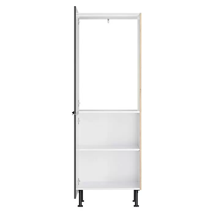 Optifit Midischrank Optikomfort Linus984 - L x B x H: 58,1 x 60 x 176,6 cm, Glanz Lack Anthrazit, Für integrierbaren Kühlschrank - Weißer Küchenunterschrank mit zwei Einlegeböden und verstellbaren schwarzen Füßen, mit heller Holzoptik-Seitenwand.
