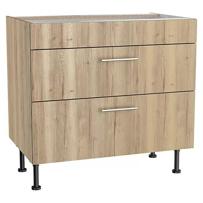 Optifit Unterschrank Erik290 - L x B x H: 58,1 x 90 x 87 cm, Nachbildung Wildeiche, Für Kochfeld - Waschtischunterschrank aus hellem Holz mit zwei Schubladen, silbernen Griffen und schwarzen Füßen.