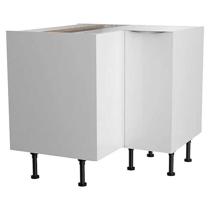 Optifit Küchen-Eck-Unterschrank Optikomfort Arvid 986 - L x B x H: 58,1 x 90 x 87 cm, Glanz Lack Weiß - Weißer L-förmiger Kücheneckschrank-Unterschrank mit schwarzen verstellbaren Beinen und sichtbarer Spanplattenkante.