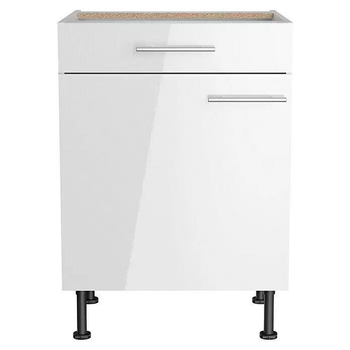 Optifit Küchen-Unterschrank Optikomfort Rurik986 - L x B x H: 58,1 x 60 x 87 cm, Glanz Lack Weiß - Weißer Hochglanz Küchenunterschrank mit silbernen Griffen und verstellbaren Füßen, bestehend aus einer Schublade und einer Tür.