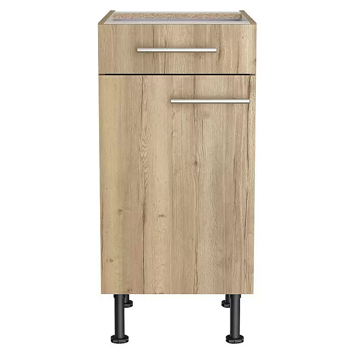 Optifit Unterschrank Erik290 - L x B x H: 58,1 x 40 x 87 cm, Nachbildung Wildeiche - Helles Küchenunterschrank mit Holzmaserung, oben eine Schublade, unten eine Tür, silberne Griffleisten und schwarze verstellbare Füße.