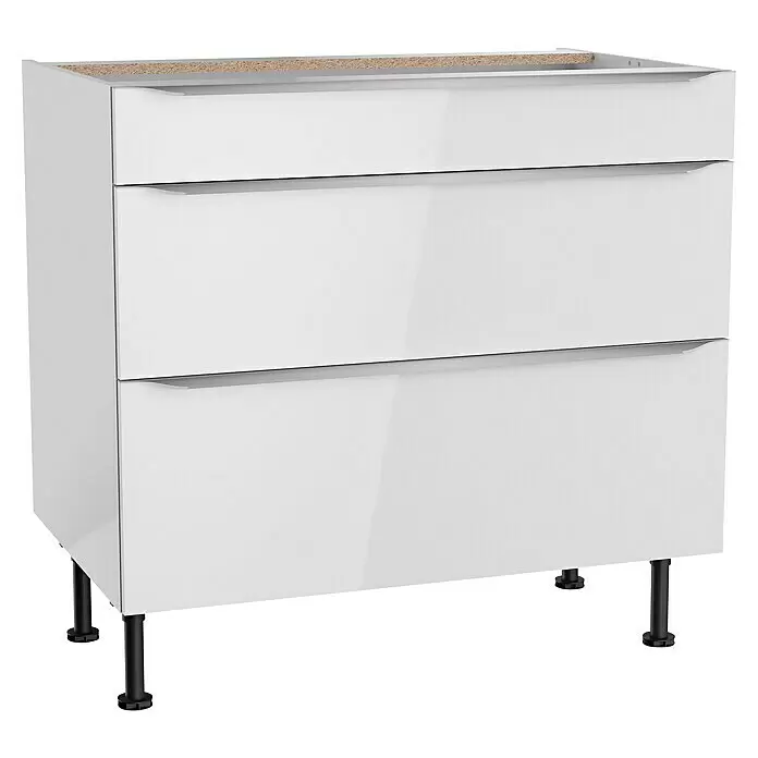 Optifit Unterschrank Optikomfort Arvid 986 - 58,1 x 90 x 87 cm, Glanz Lack Weiß, Mit Schubkasten und 2 Auszügen - Weißer Hochglanz-Küchenunterschrank mit zwei Schubladen und schwarzen verstellbaren Füßen.