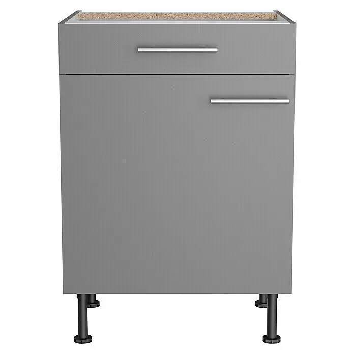 Optifit Unterschrank Optikomfort Mats825 - L x B x H: 58,1 x 60 x 87 cm, Basaltgrau - Grauer Küchenunterschrank mit Schublade, Tür, silbernen Griffen und verstellbaren Füßen, mit einer unfertigen Arbeitsplatte.