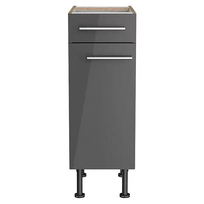 Optifit Unterschrank Jonte984 - L x B x H: 58,1 x 30 x 87 cm, Glanz Lack Anthrazit - Glänzend grauer Unterschrank mit zwei Fronten, silbernen Griffen und schwarzen Füßen.