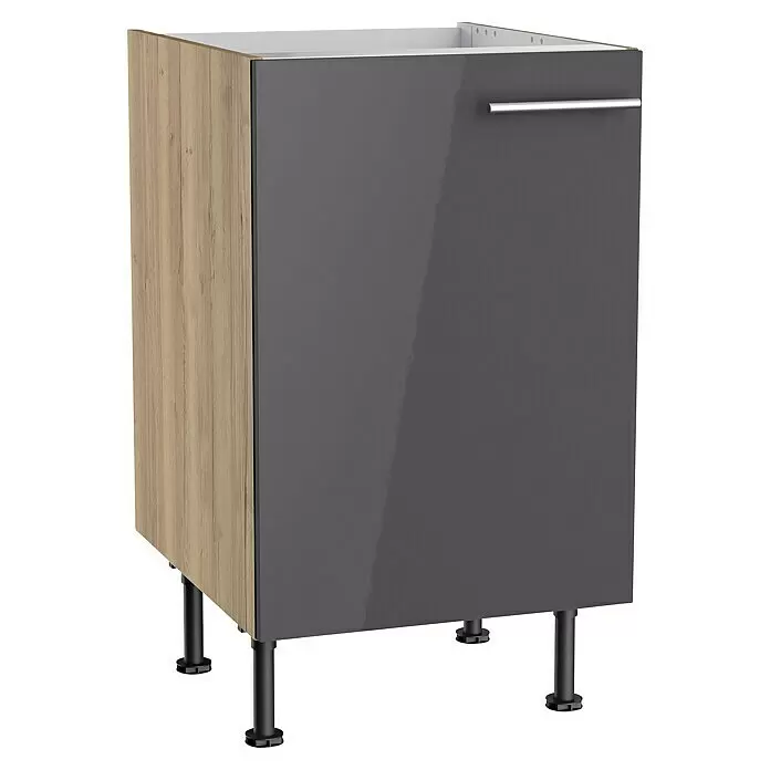 Optifit Spülenunterschrank Jonte984 - L x B x H: 58,1 x 50 x 87 cm, Glanz Lack Anthrazit - Küchenunterschrank mit heller Holzoptik-Seite, glänzend dunkelgrauer Front, silbernem Griff und schwarzen verstellbaren Beinen.