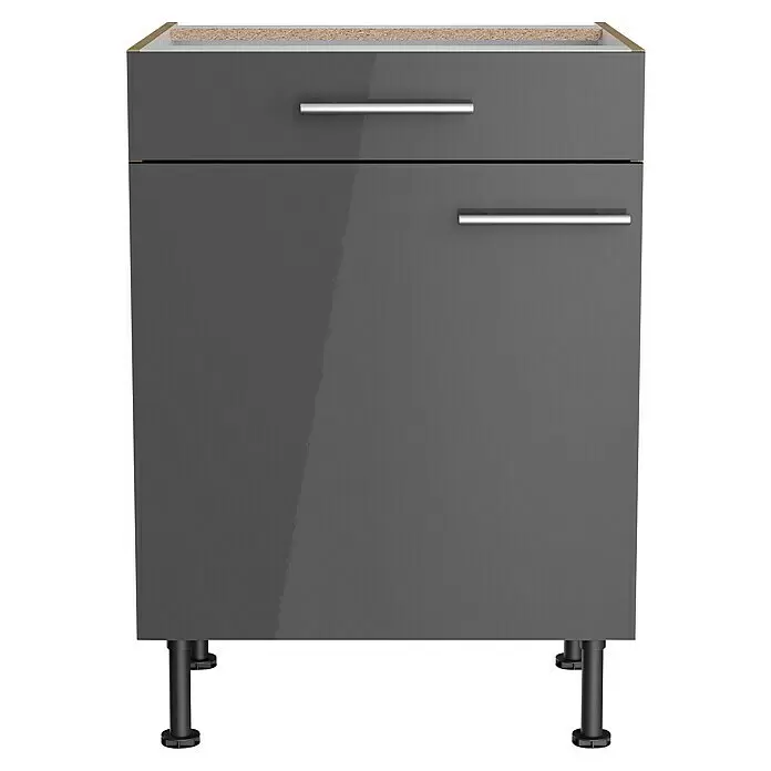 Optifit Unterschrank Jonte984 - L x B x H: 58,1 x 60 x 87 cm, Glanz Lack Anthrazit - Dunkelgrauer Hochglanz-Küchenunterschrank mit einer Schublade, einer Tür, silbernen Griffen und schwarzen Standfüßen.