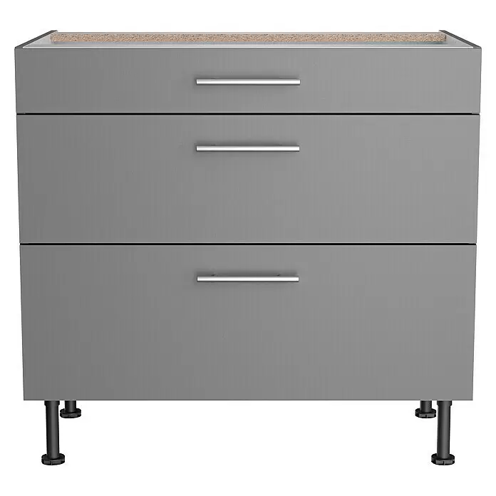 Optifit Unterschrank Optikomfort Mats825 - L x B x H: 58,1 x 90 x 87 cm, Basaltgrau, Mit Schubkästen - Grauer Dreischubladenschrank mit Metallgriffen und verstellbaren Füßen.