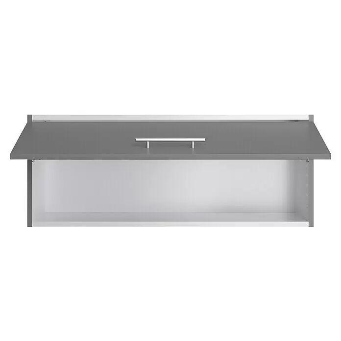 Optifit Oberschrank Optikomfort Mats825 - L x B x H: 34,6 x 90 x 35,2 cm, Basaltgrau - Offener Hängeschrank mit grauer Tür, silbernem Griff und weißem Innenraum.