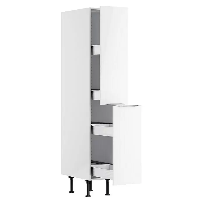 Optifit Midischrank Optikomfort Arvid 986 - L x B x H: 58,1 x 30 x 176,6 cm, Glanz Lack Weiß - Hoher weißer Küchenschrank mit Innenschubladen, eine Tür leicht geöffnet, eine Schublade teilweise ausgezogen, auf schwarzen Stellfüßen.
