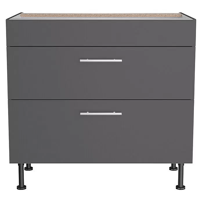 Optifit Küchen-Unterschrank Ingvar420 - L x B x H: 58,1 x 90 x 87 cm, Anthrazit matt, Für Kochfeld - Dunkelgrauer Zweischubladenschrank mit silbernen Griffen und schwarzen verstellbaren Füßen.