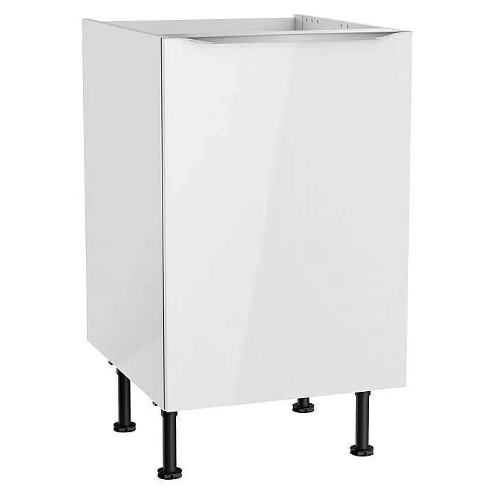 Optifit Spülenunterschrank Optikomfort Arvid 986 - 58,1 x 50 x 87 cm, Glanz Lack Weiß - Weißer glänzender Küchenunterschrank mit schwarzen verstellbaren Füßen.