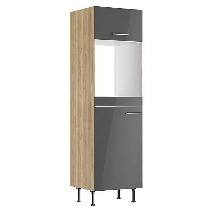 Optifit Hochschrank Jonte984 - L x B x H: 58,1 x 60 x 211,8 cm, Glanz Lack Anthrazit, Für Backofen und integrierbaren Kühlschrank - Hoher Küchenschrank mit heller Holzmaserung und dunkelgrauen Hochglanztüren, mit offener Nische und schwarzen Füßen.