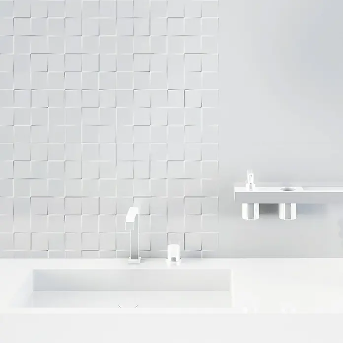 Revestimiento de pared Kubik - 55 x 33 cm, Blanco, Mate - Elegante baño minimalista con un lavabo moderno, grifo y diseño de pared blanco para un ambiente limpio y elegante.