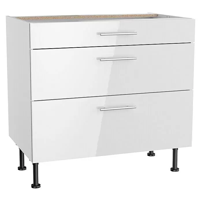 Optifit Unterschrank Optikomfort Rurik986 - L x B x H: 58,1 x 90 x 87 cm, Glanz Lack Weiß, Mit 3 Schubkästen - Weißer Hochglanz-Kommode mit drei Schubladen, silbernen Griffen und schwarzen verstellbaren Füßen.