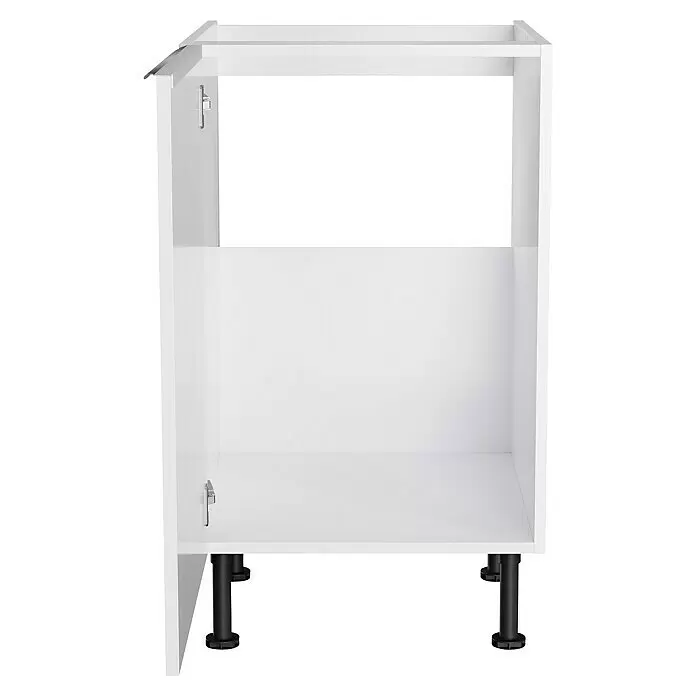 Optifit Spülenunterschrank Optikomfort Arvid 986 - 58,1 x 50 x 87 cm, Glanz Lack Weiß - Weißer offener Küchenunterschrank mit schwarzen verstellbaren Beinen.