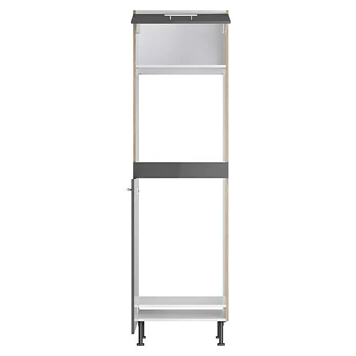Optifit Hochschrank Jonte984 - L x B x H: 58,1 x 60 x 211,8 cm, Glanz Lack Anthrazit, Für Backofen und integrierbaren Kühlschrank - Hoher Schrank mit Holzseiten, weißen Einlegeböden und grauen Paneelen, mit Chromgriff und verstellbaren Füßen.