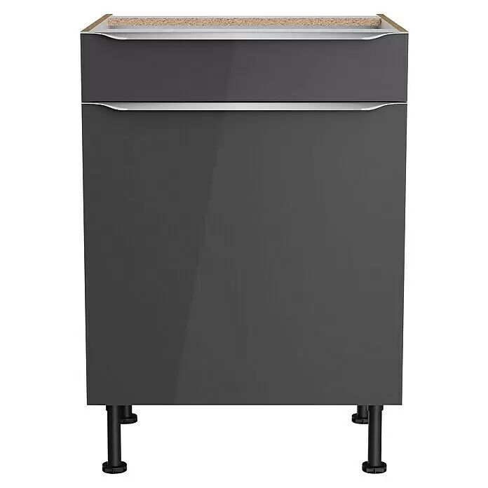 Optifit Unterschrank Optikomfort Linus984 - L x B x H: 58,1 x 60 x 87 cm, Glanz Lack Anthrazit - Dunkelgrauer Hochglanz-Küchenunterschrank mit zwei Fronten, integrierten Griffen und verstellbaren Füßen. Spanplattenoberseite.
