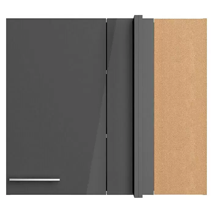 Optifit Eck-Hängeschrank Jonte984 - L x B x H: 34,6 x 85 x 70,4 cm, Glanz Lack Anthrazit - Dunkelgraue glänzende Schranktür mit silbernem Griff, neben einer beigen Holzwerkstoffplatte.