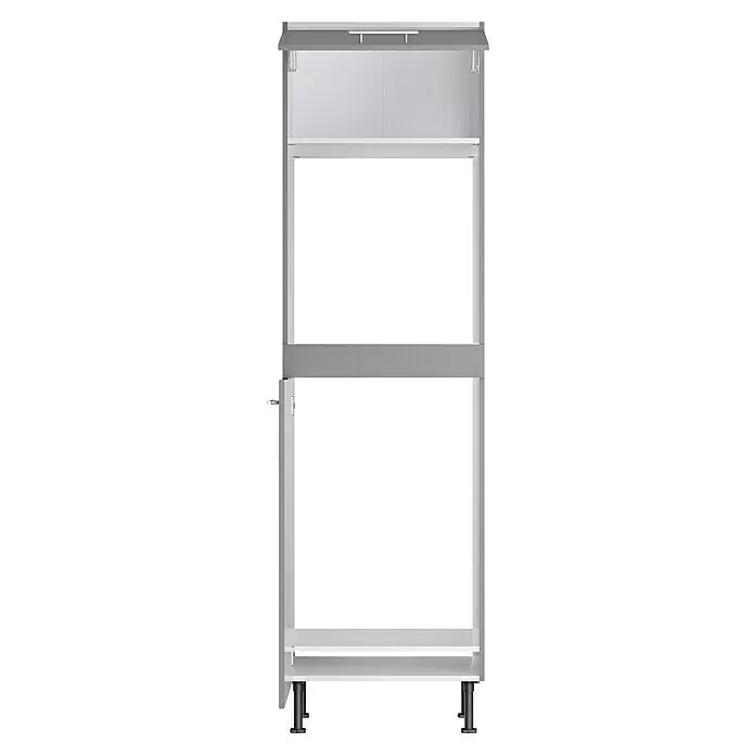 Optifit Hochschrank Optikomfort Mats825 - L x B x H: 58,1 x 60 x 211,8 cm, Basaltgrau, Platz Backofen und Kühlschrank - Heller grau-weißer Schrank mit oberem Fach und offener unterer Tür, auf schwarzen verstellbaren Füßen stehend.