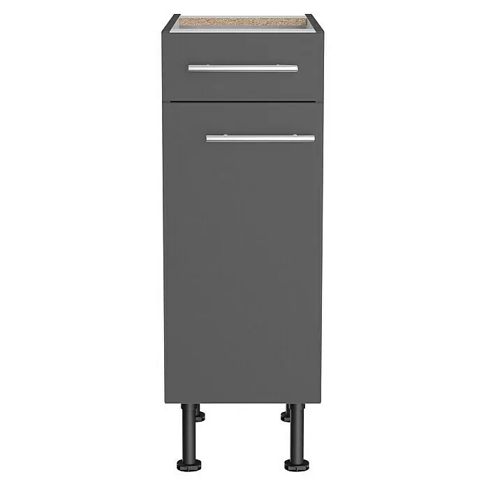 Optifit Unterschrank Ingvar420 - L x B x H: 58,1 x 30 x 87 cm, Anthrazit matt - Dunkelgrauer Küchenunterschrank mit zwei Schubladen, silbernen Griffen und schwarzen verstellbaren Füßen.