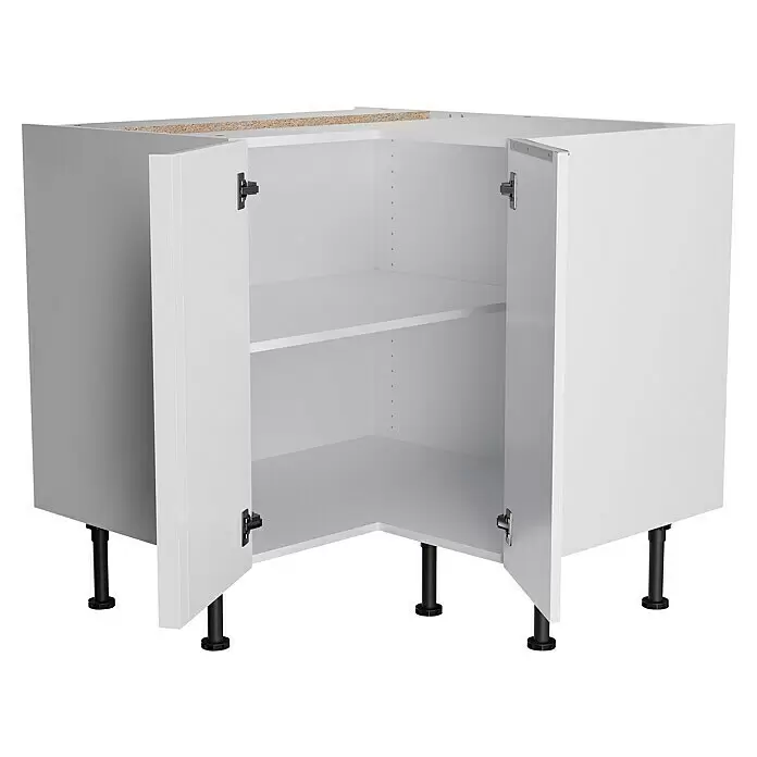 Optifit Küchen-Eck-Unterschrank Optikomfort Arvid 986 - L x B x H: 58,1 x 90 x 87 cm, Glanz Lack Weiß - Weißer L-förmiger Eckunterschrank mit offenen Türen, zwei Einlegeböden und schwarzen verstellbaren Beinen.