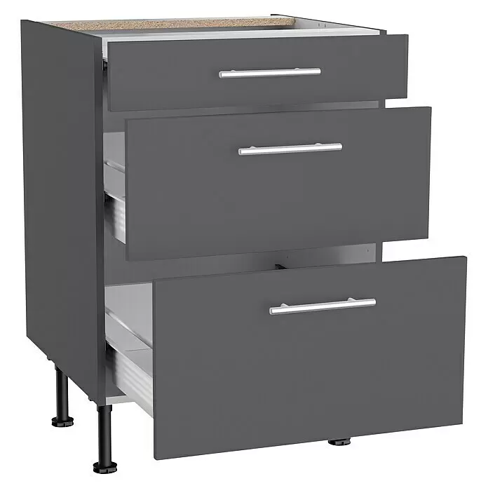 Optifit Küchen-Unterschrank Ingvar420 - L x B x H: 58,1 x 60 x 87 cm, Anthrazit matt, Mit Schubkästen - Dunkelgrauer Dreischubladenschrank mit silbernen Griffen und schwarzen verstellbaren Beinen, Schubladen teilweise geöffnet.