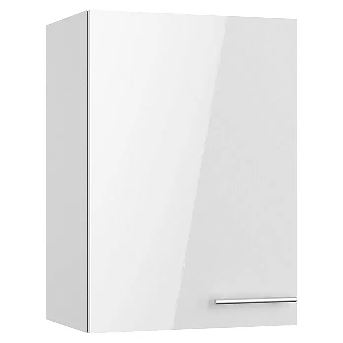 Optifit Hängeschrank Optikomfort Rurik986 - L x B x H: 34,6 x 50 x 70,4 cm, Glanz Lack Weiß - Weißer Hochglanz-Wandschrank mit silbernem Griff.
