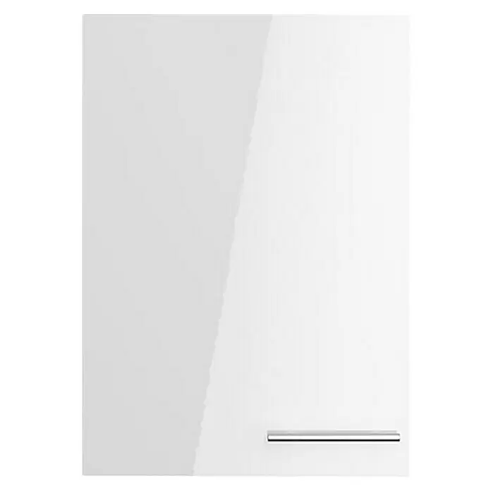 Optifit Hängeschrank Optikomfort Rurik986 - L x B x H: 34,6 x 50 x 70,4 cm, Glanz Lack Weiß - Weiße Hochglanz-Schranktür mit horizontalem silbernem Griff.